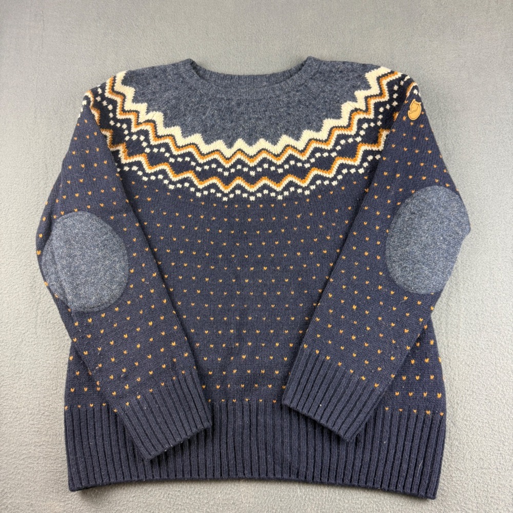 Fjallraven Ovik Knit Sweater Womens L Blue 100 Wool Fair Isle Elbow Patch Nordic